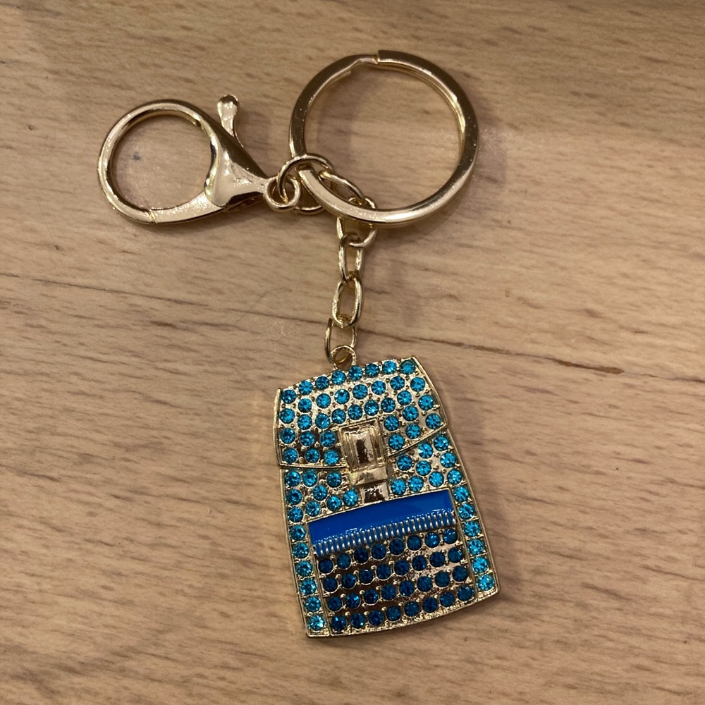 Rhinestone “Backpack” Bag Charm Key Ring - Gold and Blue - NIP
